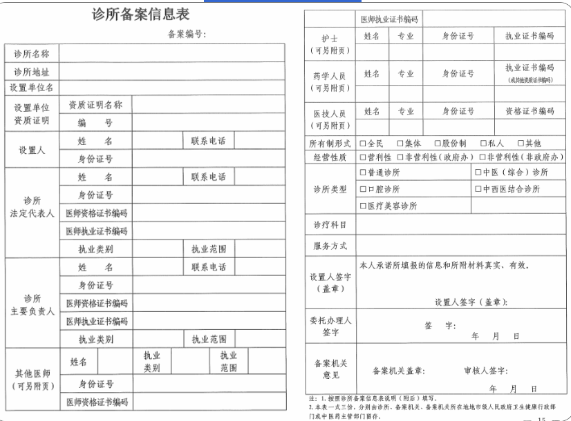 诊所备案信息表（样表）